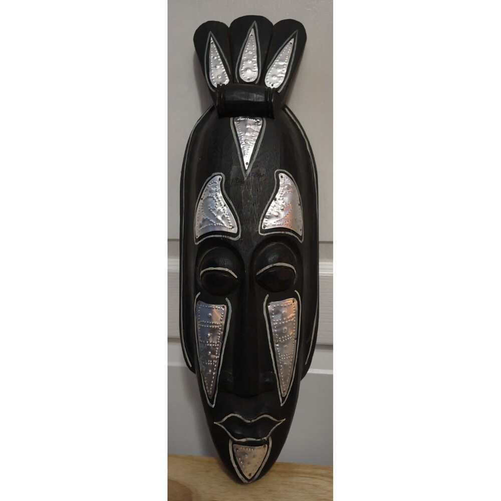 Hand Carved African Tribal Black Wood Wall Mask with Aluminum Overlay